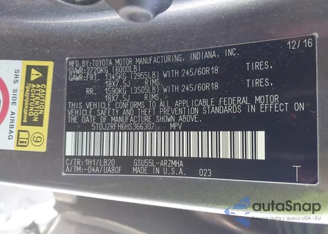 2017 Toyota Highlander Xle from USA, damaged, VIN 5TDJZRFH6HS366307